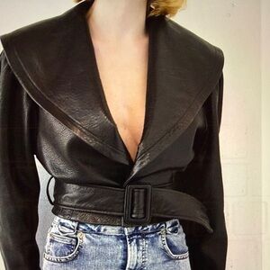 $1498 Frame Cropped Black Leather Belted Jacket Shawl Collar Unique S/P New